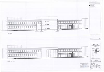 Tegning som viser fasade mot nord og snitt B-B for Eiker Videregående Skole.