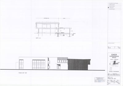 Tegning som viser både et snitt (SNITT A-A) og en fasade (FASADE MOT VEST) av en bygning.