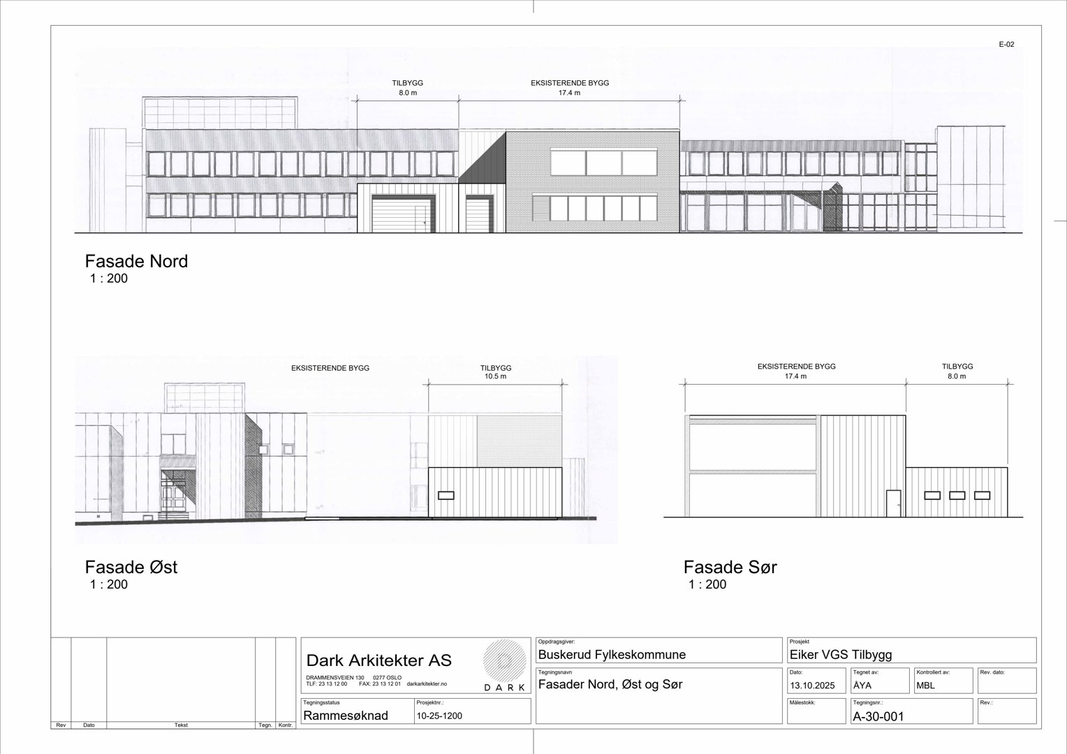 Tegning som viser fasader (Nord, Øst og Sør) for en bygning med eksisterende og nytt tilbygg.