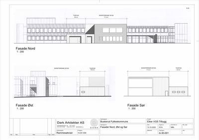 Tegning som viser fasader (Nord, Øst og Sør) for en bygning med eksisterende og nytt tilbygg.