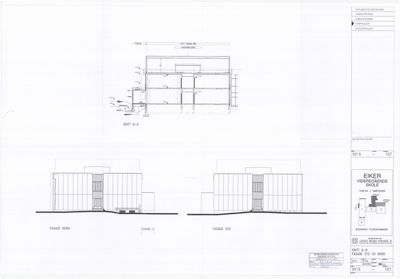 Tegning som viser fasader (Nord og Syd) samt et snitt (D-D) av en bygning.