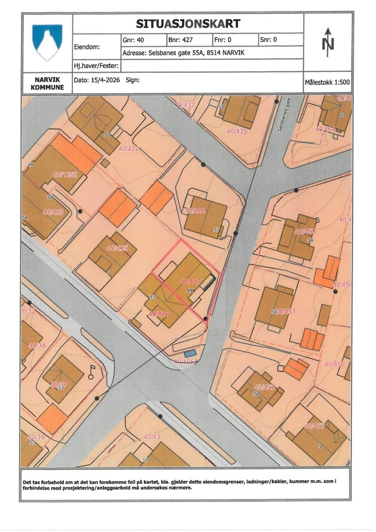 Situasjonskart som viser eiendomsgranser, naboeiendommer og bygningsplassering for Selsbanes gate 55A i Narvik.