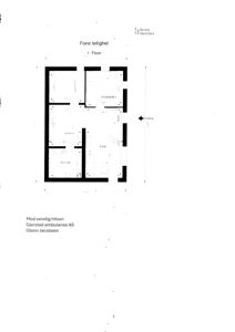 Etasjeplan (1. etasje) for en foneleilighet med romfordeling (stue, soverom, kjøkken, bad/WC) og utgang.