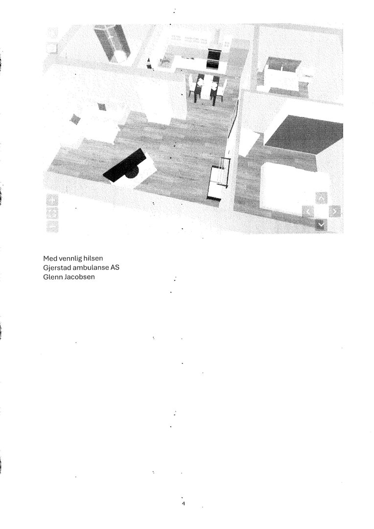 3D-visualisering (rendering) av et interiør, sannsynligvis en stue eller kjøkken, som viser romoppdeling, møbler og gulvbelag.