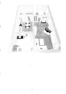Etasjeplan (floor plan) som viser romfordeling, møblering og gulvbelagning i et hus.