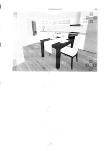 3D-visualisering av et kjøkken med spiseplass, inkludert møbler og innredning.