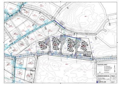 Situasjonsplan som viser tomtens topografi, eksisterende og planlagt infrastruktur, samt plassering av nye bygg (BK-1, BK-4) i forhold til nabolag.