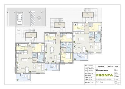 Etasjeplan (1. etasje) for BRA bustad med romfordeling, arealer og parkeringsplasser.