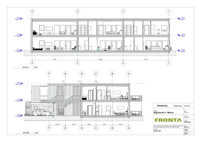Snittegning (Snitt AA og Snitt BB) som viser bygningens tverrsnitt, romfordeling og høyder.