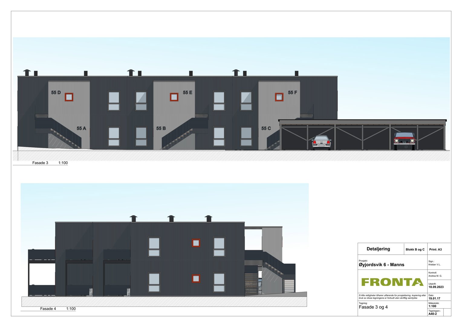 Bildet viser fasadetegninger for 'Fasade 3' og 'Fasade 4' av et boligprosjekt.
