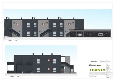 Bildet viser fasadetegninger for 'Fasade 3' og 'Fasade 4' av et boligprosjekt.