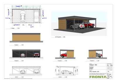 Bildet viser en tegning med fasadeoppvisninger (Fasade 1-4) og snittegninger (Snitt A, B) for en carport, inkludert 3D-perspektiv.