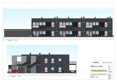 Bildet viser fasadetegninger for en bygning med flere enheter, inkludert et snitt og en frontvisning.
