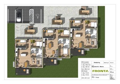 Etasjeplan (1. etasje) med romfordeling, møblering og arealoppsett for BRA bustader og BRA Boder.