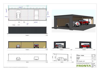 Bildet viser en tegning som inkluderer fasadeoppvisninger (Fasade 1, 2, 3, 4) og snittegninger (Snitt A, B) for en garasje. Det er også inkludert en 3D-visualisering (rendering) av fasaden.