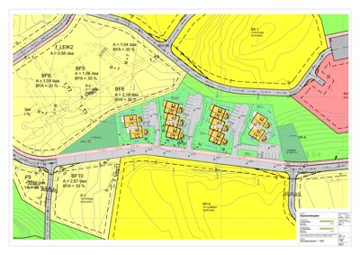 Situasjonsplan som viser tomtens form, grenser, naboeiendommer (BF5, BF6, BF8, BF10, BK-1, BK-4), veier og bygningers plassering.