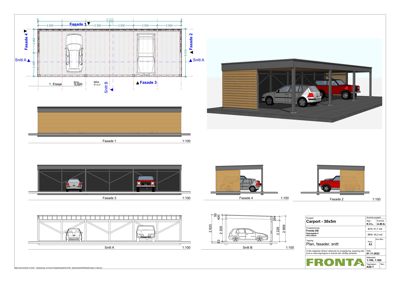 Bildet viser en tegning som kombinerer et etasjeplan (topplan) med fasadetegninger og snittegninger for en garasje. Det er også inkludert en 3D-rendering av bygningen.