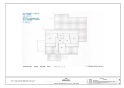 Plantegning av etasjen (loftet) i en eksisterende bygning, med romfordeling og dimensjoner.