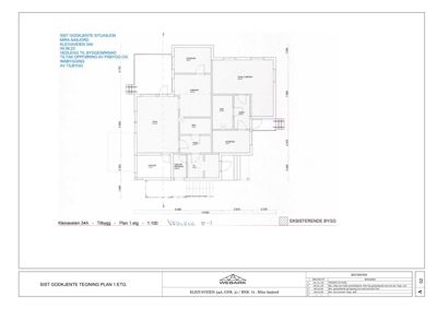 Etasjeplan (1. etg) for en tilbygg til eksisterende bygg ved Kleivaveien 34A. Planen viser romfordeling, dimensjoner og forholdet mellom nytt og eksisterende bygg.