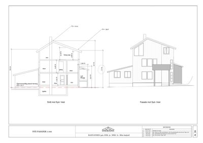 En tegning som viser et snitt gjennom en bygning (Snitt mot Syd- Vest) og fasaden sett fra samme vinkel (Fasade mot Syd- Vest).