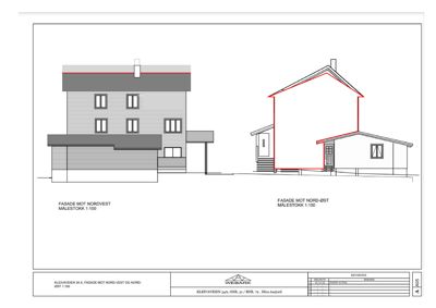 Fasadetegning som viser bygningens utseende fra to sider (Nord-Vest og Nord-Øst) med målstock 1:100.