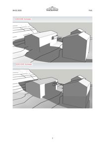 Fotografi av en 3D-modellering (rendering) av to bygninger i et terreng. Bildet viser to varianter av situasjonen (Ny situasjon) med ulike lysforhold.