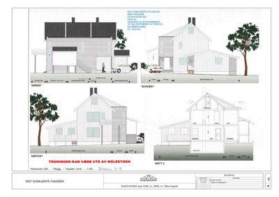 Fasadetegning med oppriss av bygning sett fra fire sider (Sørvest, Nordøst, Sørøst, Snitt A).