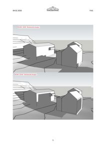 Fotografi av eksisterende situasjon (tomteforhold og eksisterende bygninger) sett fra to ulike høyder/tidspunkt.