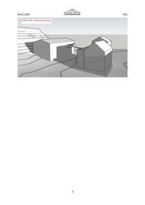 Et fotografi av eksisterende situasjon (tomteforhold) med to bygninger, inkludert et terrasset område.