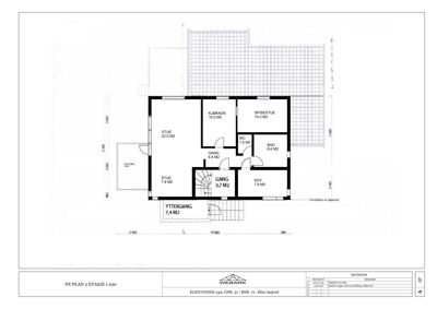 Etasjeplan (NY PLAN 2 ETASJE) som viser romfordeling, arealer og dimensjoner for et hus.