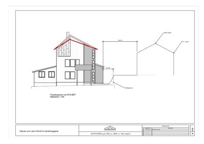 Fasadetegning (oppriss) av en bygning sett fra syd-øst, med angitte mål og nabogrense.