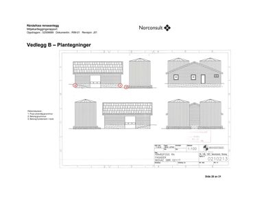 Fasadetegning som viser utsiden av bygninger med materialprøver (1: puss, 2: betong, 3: betong + tank).