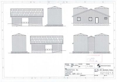 Fasadetegning som viser front- og sideopprikk av en bygning med siloer.