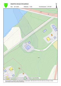 Kartutsnitt fra Norkart AS som viser topografi, vegnett og bygningsplasseringer i et område.