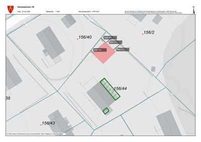 Situasjonsplan som viser tomtetilhørighet (156/40, 156/44, 156/43, 156/2), bygningers plassering, grenser og mål for en ny planlagt bygning (rødt felt) i Halmstadveien 7B.