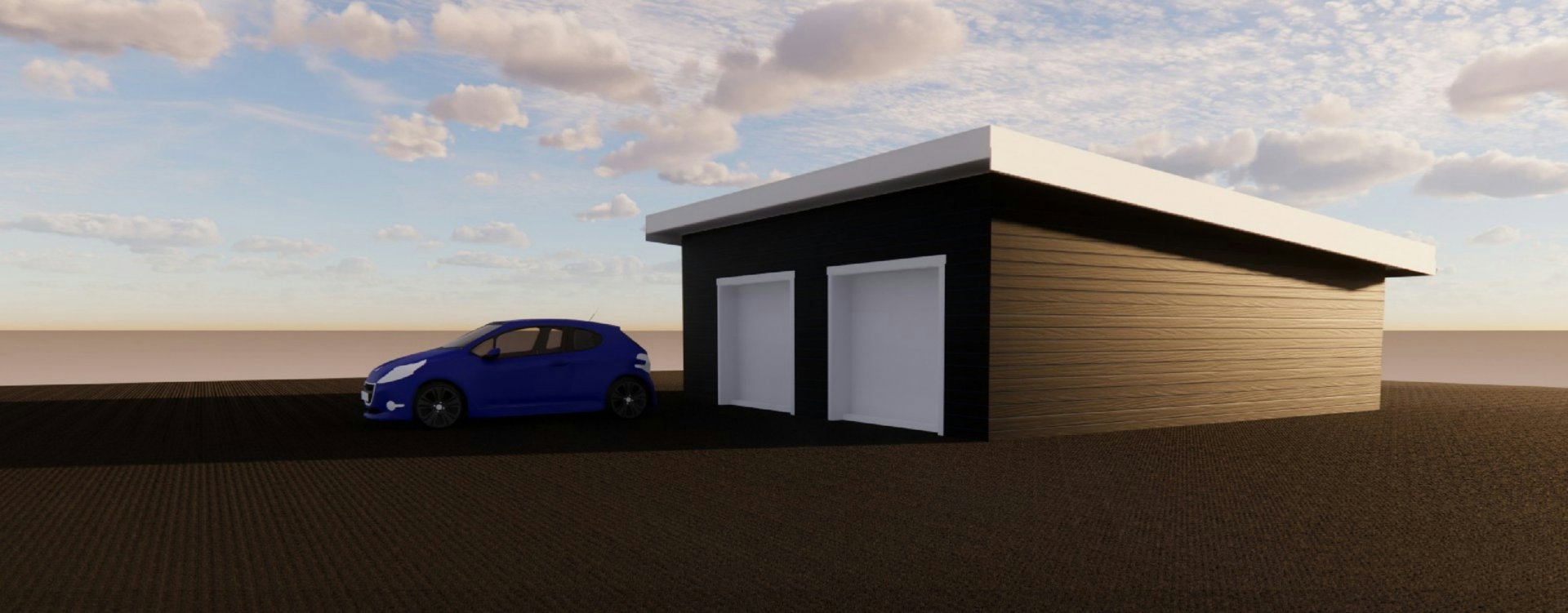 3D-visualisering av en liten bygning (garasje eller uthus) med en bil parkert foran.