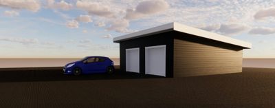 3D-visualisering av en liten bygning (garasje eller uthus) med en bil parkert foran.