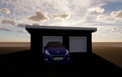 3D-visualisering av en garasje med to dører og en bil parkert i den ene, sett fra front.
