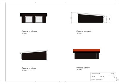 Fasadetegning som viser fire utsnitt av bygningens fasader (nord-vest, sør-vest, nord-øst, sør-øst) med mål og detaljer.