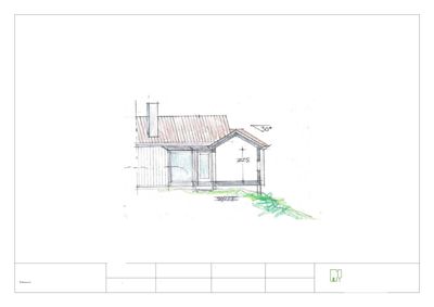 Snittegning som viser tverrsnitt gjennom en bygning med tak, vegger og grunnplan.