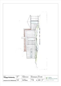 Fasadetegning (opprikk) av en fritidsbolig sett fra sør-øst.