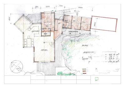 Etasjeplan (A20-1) som viser romfordeling, mål og areal for en eksisterende hytte og et nytt tilbygg.