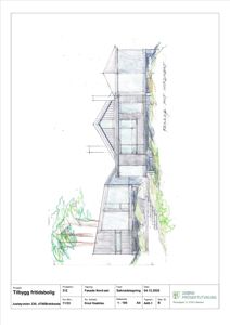 Fasadetegning (opprikk) av en planlagt fritidsbolig sett fra nord-øst.