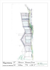 Fasadetegning (Sør-vest) av en fritidsbolig med håndskrevne notater om høyde og terreng.