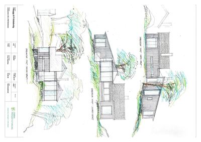 Fasadetegning med håndtegnede oppriss av bygningens utsyn mot sør-vest, nord-øst og nord-vest.