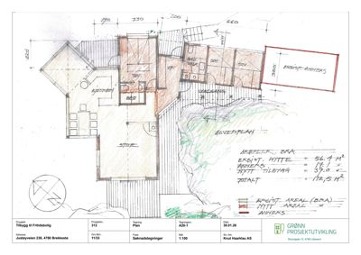 Etasjeplan (A20-1) som viser romfordeling, mål og areal for en eksisterende hytte og et nytt tilbygg.
