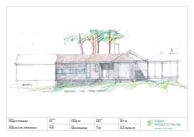 Fasadetegning (skisse) av en bygning sett fra nord-vest.