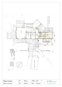 Plantegning som viser romfordeling og etasjeplan for et tilbygg til fritidsbolig.