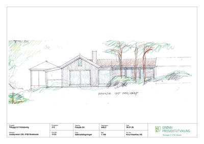 Fasadetegning (skisse) av et hus med garasje, sett fra sørvest.