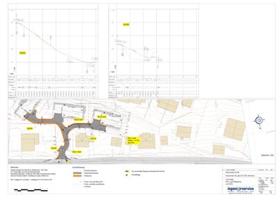 Situasjonsplan som viser bygningenes plassering i forhold til hverandre og omgivelsene, inkludert høydekurver og prosjekterte endringer.